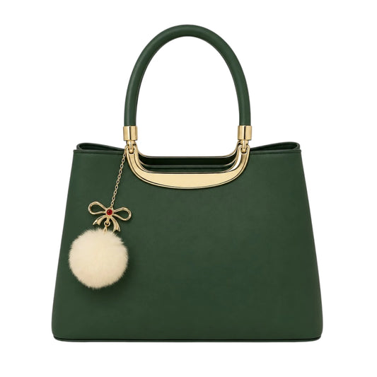 Tocer Green Leather Handbag With Metal Handle Frame