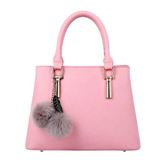 Tocer Pink Leather Tote Bag Featuring Decorative Leaf Charm