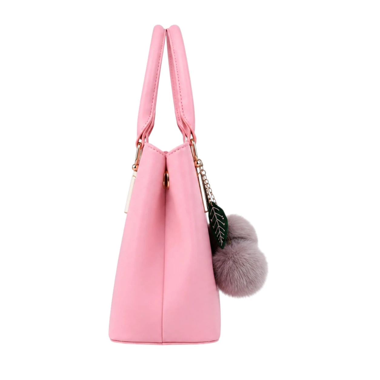 Tocer Pink Leather Tote Bag Featuring Decorative Leaf Charm