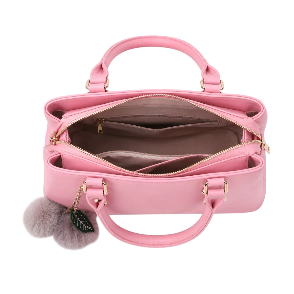 Tocer Pink Leather Tote Bag Featuring Decorative Leaf Charm