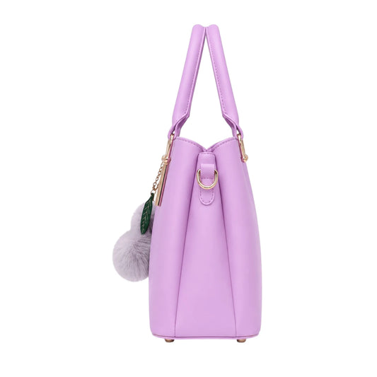 Tocer Purple Leather Tote Bag With Leaf Charm Accent
