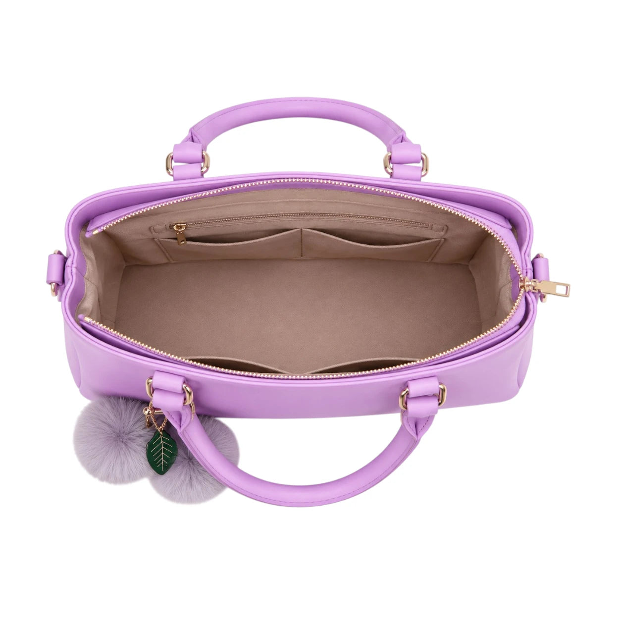 Tocer Purple Leather Tote Bag With Leaf Charm Accent