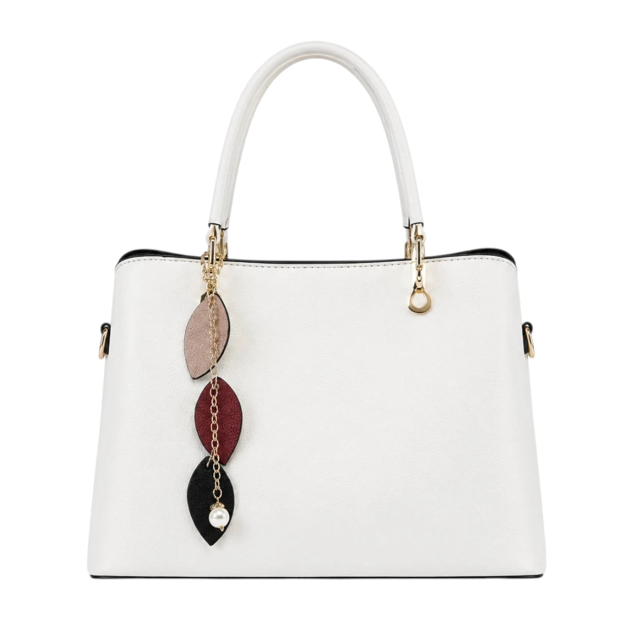 Tocer White Leather Tote Bag With Leaf Pendant Accent