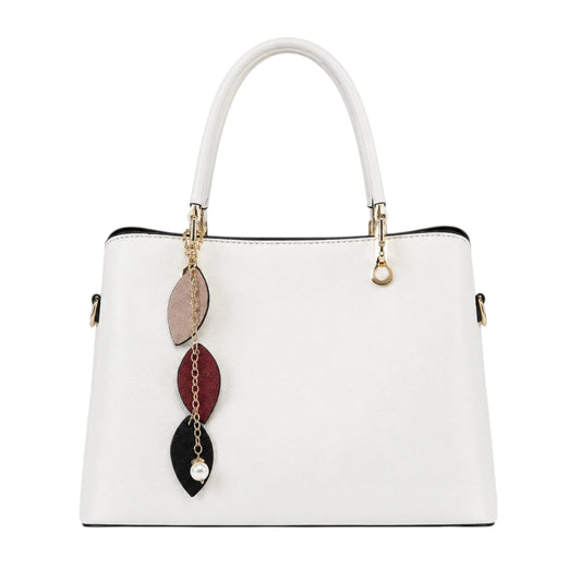 Tocer White Leather Tote Bag With Leaf Pendant Accent