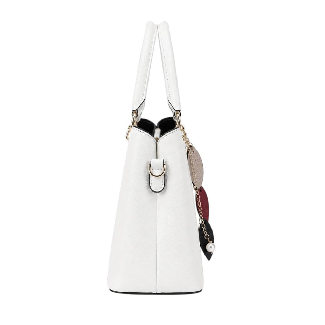 Tocer White Leather Tote Bag With Leaf Pendant Accent