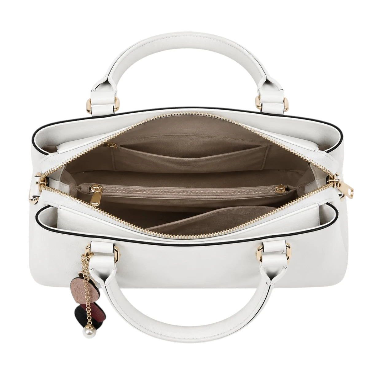 Tocer White Leather Tote Bag With Leaf Pendant Accent